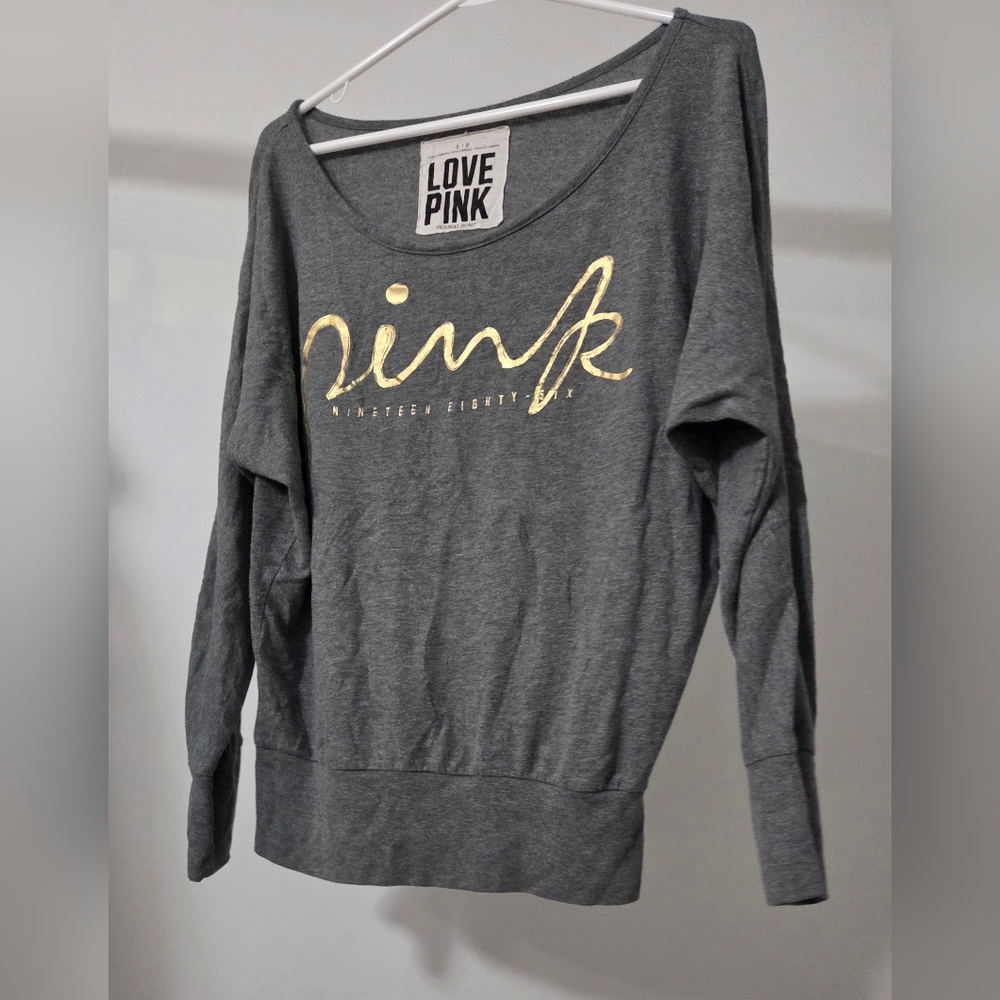Victoria's Secret Gray Long Sleeve Shirt with Gold Wording - Picture 1 of 4